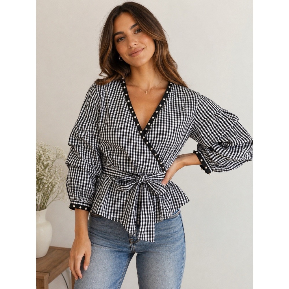NY Collective Concepts Gingham Wrap Top Pearl Trim Peplum Blouse Size Large